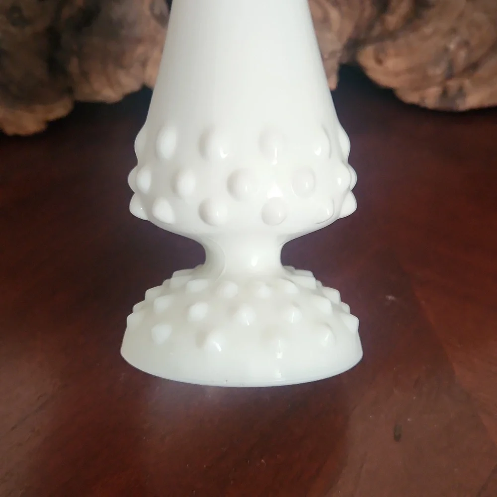 Vintage Fenton Hobnail Milkglass Footed Swung Bud Pedestal Vase 9